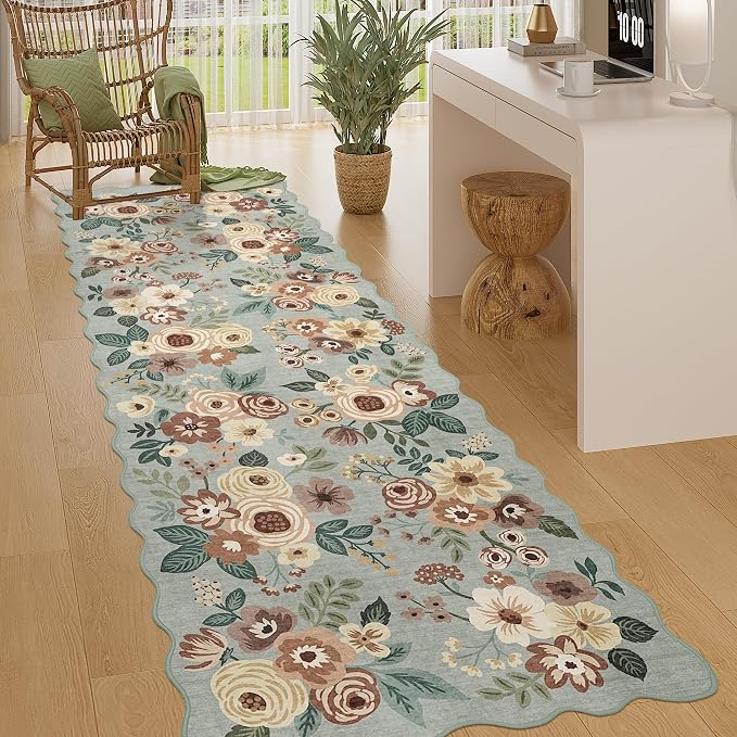 DUKINO 2.6x8 Runner Rug, Floral Washable Kitchens Rug Non Slip, Sage Green | by DUKINO