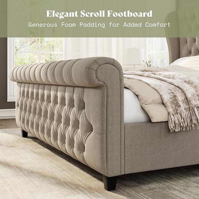 AMERLIFE California King Size Platform Bed Frame, Linen Upholstered Sleigh Bed - Image 4