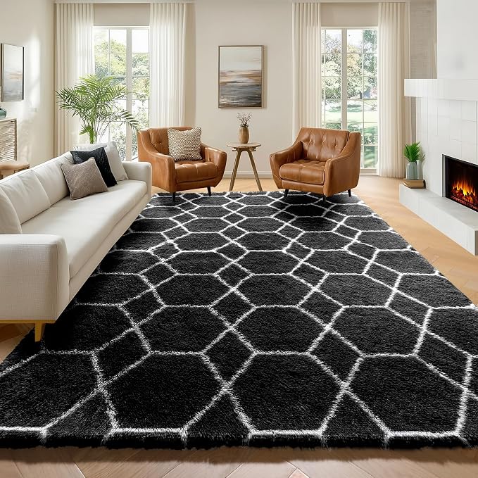 6x9 Area Rugs for Living Room Bedroom, Fluffy Black and White Geometric Rug | by ONASAR