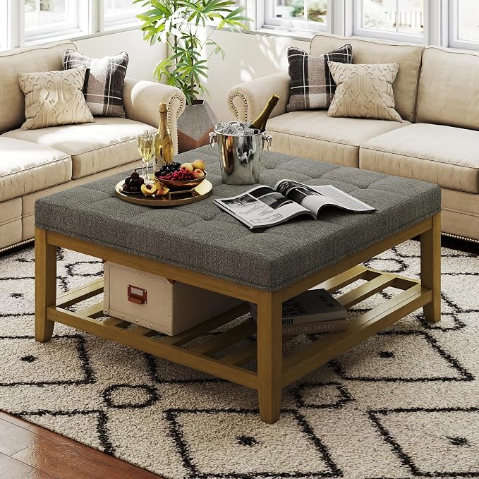 Befurtori Large Square Ottoman Coffee Table, Linen Solid Upholstered Footrest by Befurtori