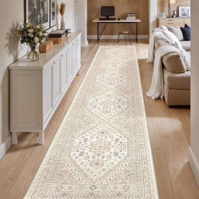Washable Runner Rug 2.5x14, Long Kitchen Rugs Non-Slip, Cream/Beige | Vintage - Image 3