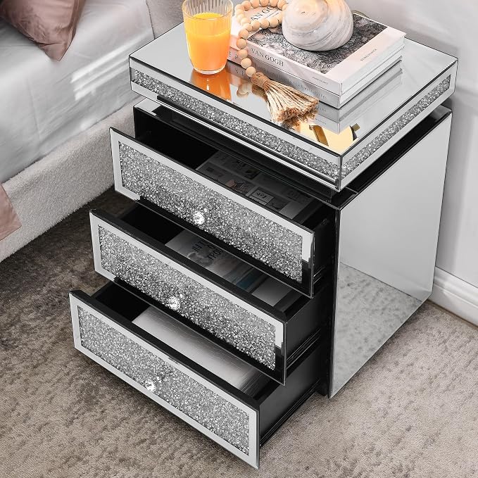 Mirrored Nightstand with 3 Drawers, Mirror End Table, Modern Bedside Table - Image 5