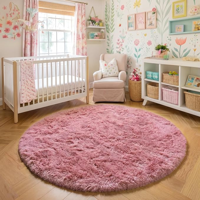 Amdrebio Blush Pink Big Round Fluffy Rug 7Ft - Image 6