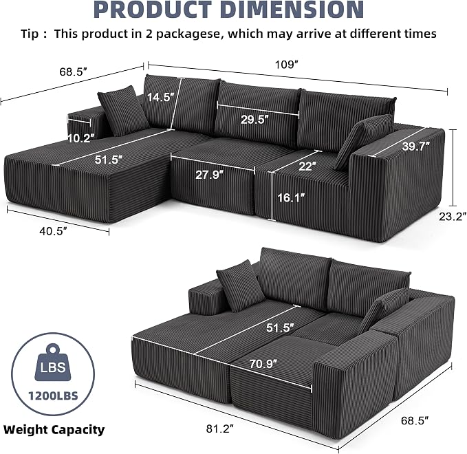 108” Modular Sectional Sofa, Cloud Sectional Couch - Image 3