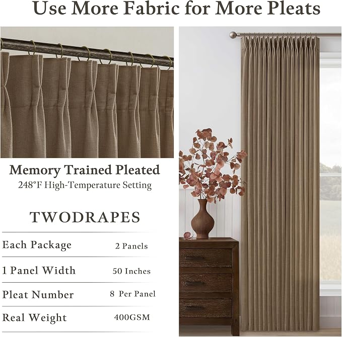 Pinch Pleat Linen Memory Trained Semi Sheer Brown Curtains 126 Inches Long | - Image 5