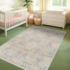 Vintage Washable Beige Blue Area Rugs - Image 6