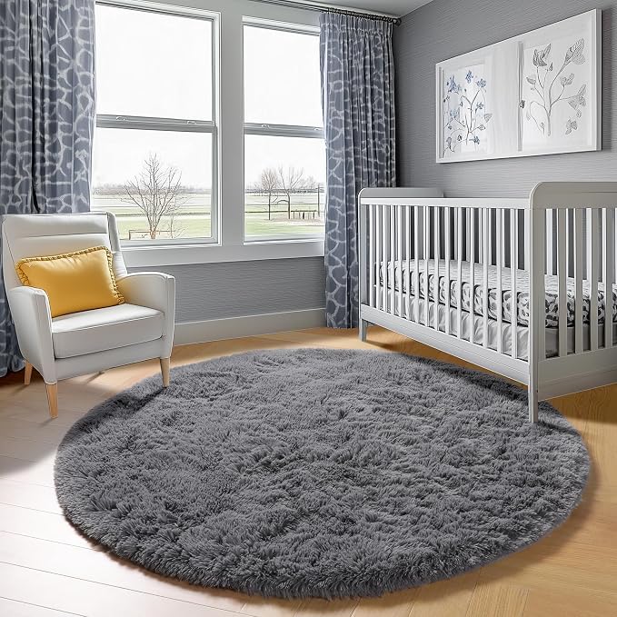 Grey Round Rugs 8ft for Living Room, Fluffy Bedroom Circle Area Rug, Soft Plush - Image 8