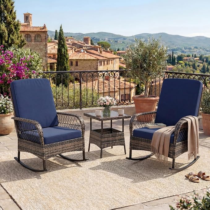 3 pcs Outdoor Rocking Bistro Set, Wicker Rocking Bistro Set by Garvee