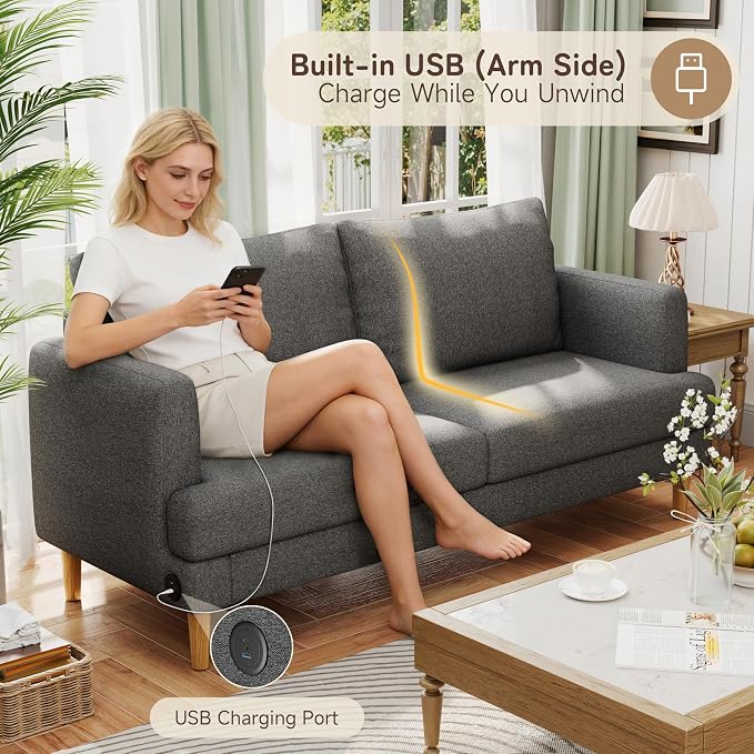 70" Modern Loveseat Sofa with USB Type-C Ports, Linen Fabric 2-Seater Deep Seat - Image 4