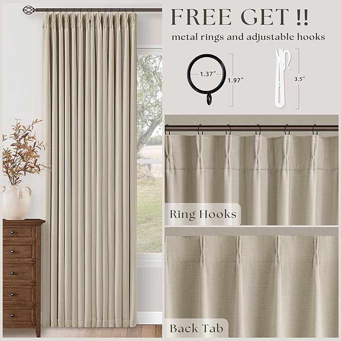 Oatmeal 108 Inch Blackout Linen Pleated Curtains - Image 5