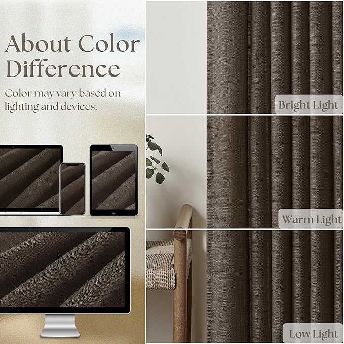 Dark Chocolate 120 Inch Pinch Pleated Semi Sheer Linen Curtains 2 Panels | - Image 4