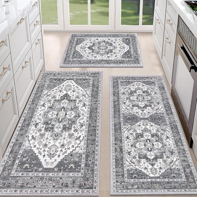 HEBE Boho Kitchen Rugs Set of 3, Non Slip Washable Kitchen Mats by HEBE