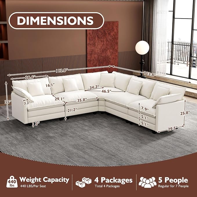 Ihanherry 114" V-Shaped Modern Sofa Modular Sectional Cloud Couch - Image 2