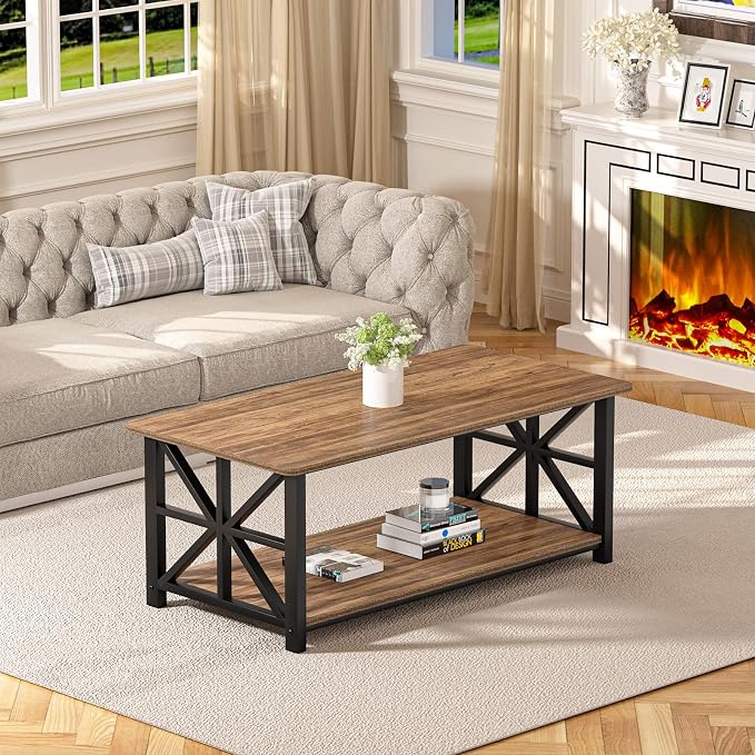 GreenForest Coffee Table with Round Corner, Farmhouse Center Table with 2-Tier - Image 9