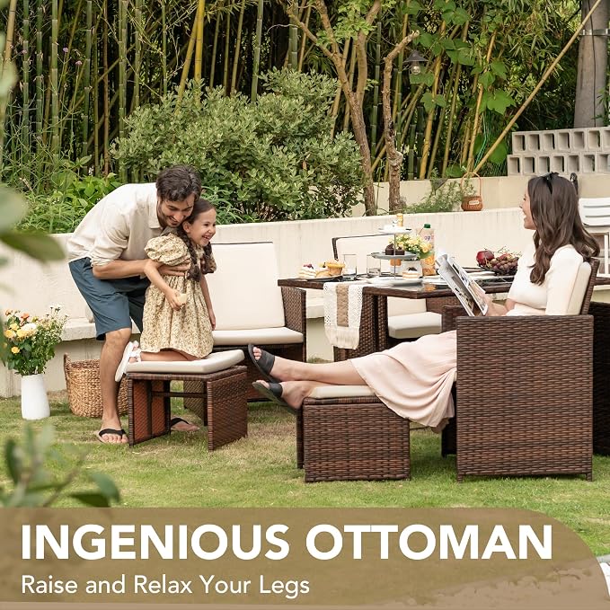Devoko 9 Pieces Patio Dining Sets Outdoor Space Saving Rattan Chairs - Image 7