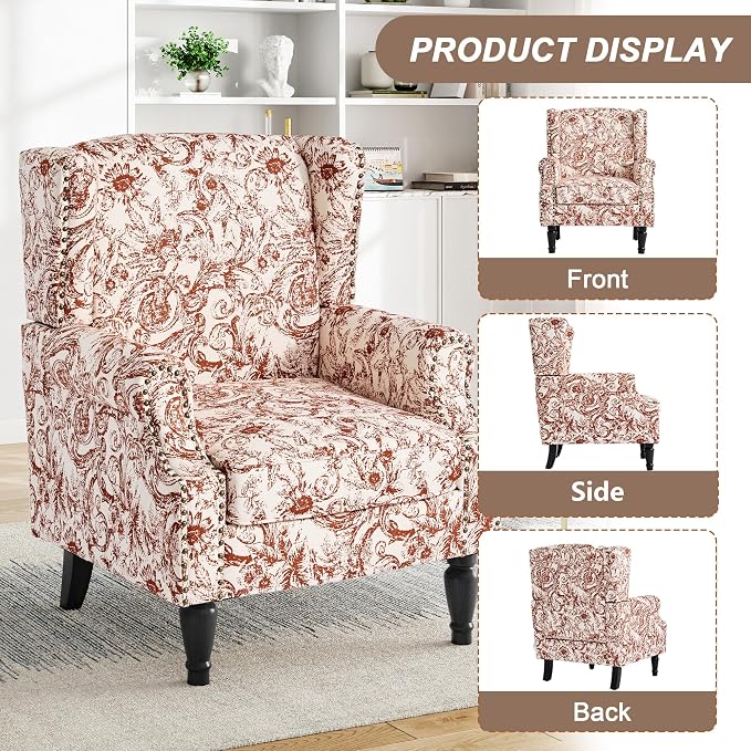 Pia Ricco Set of 2 Floral Accent Chairs, High Back Upholstered Armchairs - Image 3