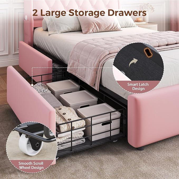 Twin LED Velvet Bed Frame with 2 Storage Drawers&Hidden Headboard, Upholstered - Image 6