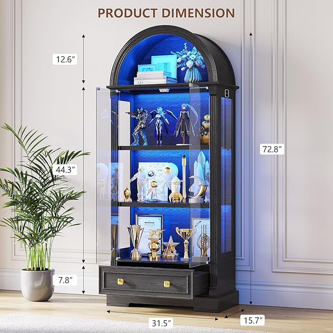 Black Curio Cabinet with Glass Doors, 4-Tier Display Case - Image 2