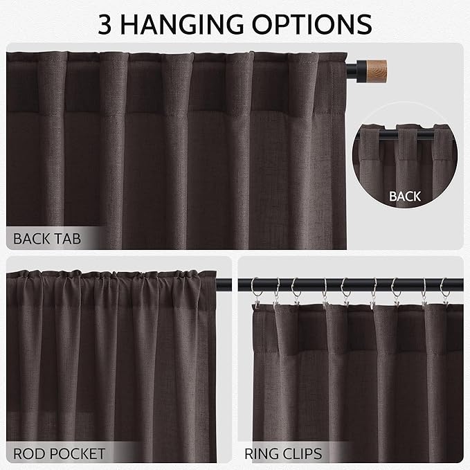 Cocoa Coffee Linen Blend Light Filtering Back Tab Curtains 108 Inches Long - Image 3