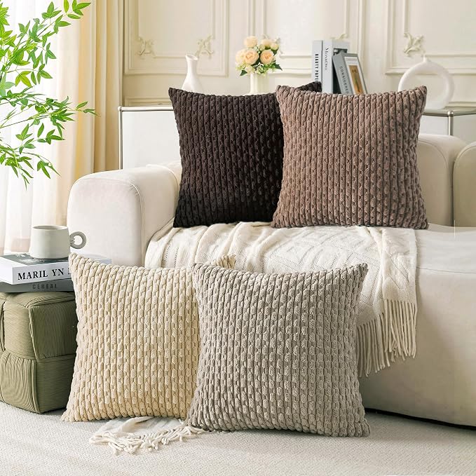 Set of 4 Beige Brown Coffee Decorative Throw Pillow Covers 24x24 Inch Corduroy by Cozoomy