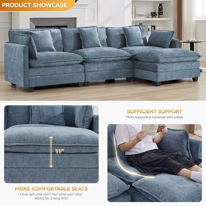 111'' Sectional Cloud Deep Seat Couch, Modern Comfy Chenille L Shaped Sectional - Image 3
