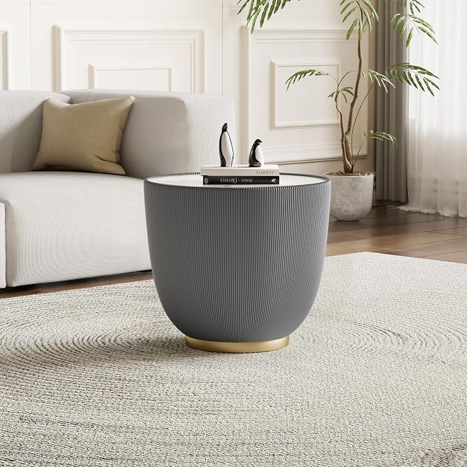 Henf Marble Round Side Table, 19.7" Fluted End Table - Image 2