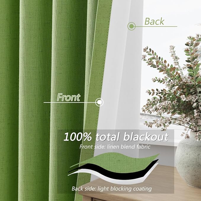 Lime Green 100% Blackout Linen Curtains 108 Inch Length 2 Panels Set - Image 4
