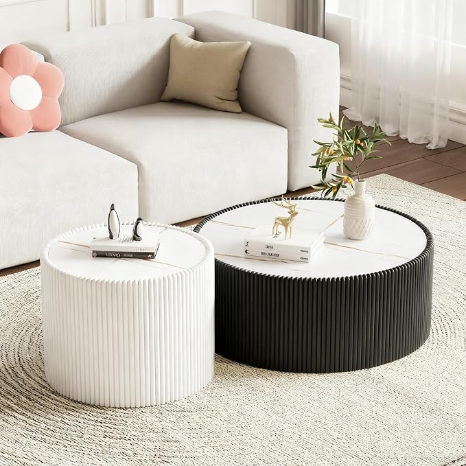 2-Piece Round Nesting Coffee Table Set, 29.52" Marble Coffee Table and End - Image 3