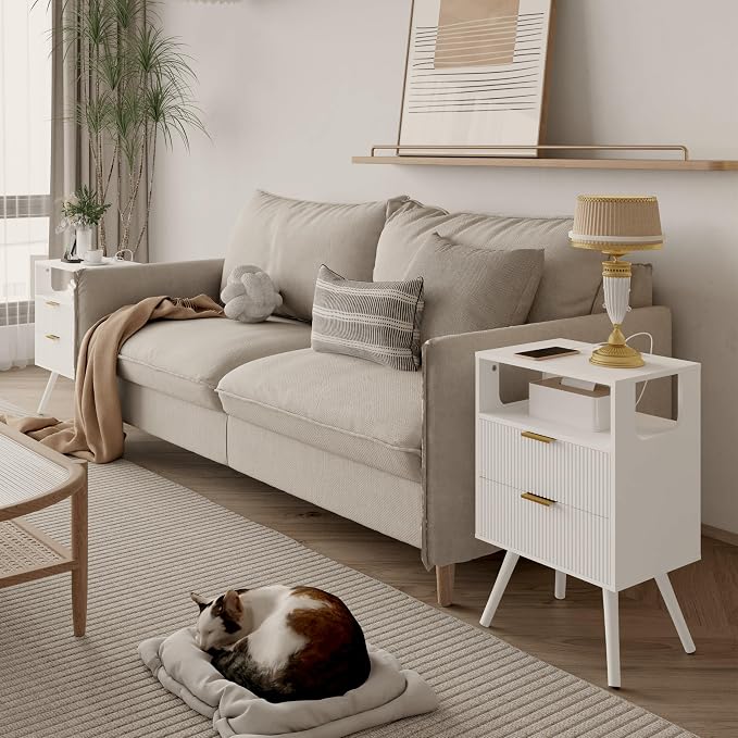 JOONEE White Nightstand with Charging Station and LED Lights, Modern Bedside - Image 3