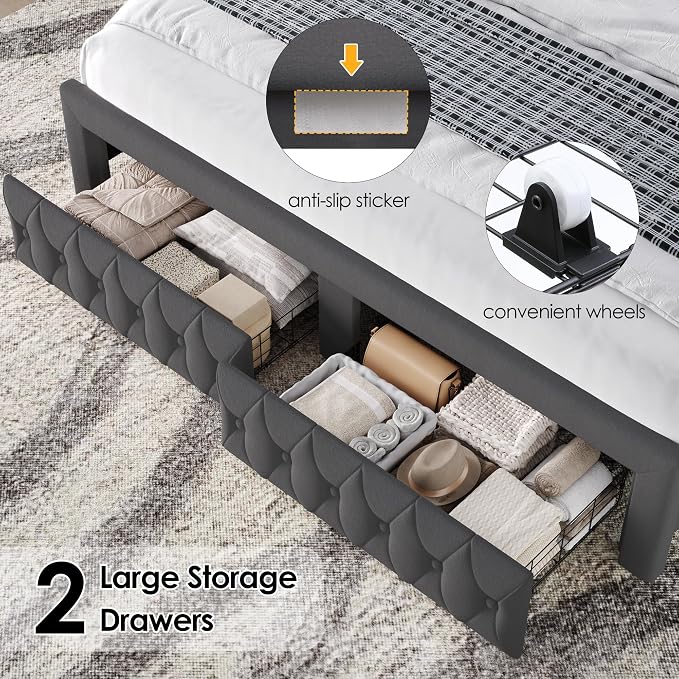 Keyluv Queen Bed Frame with LED Lights and 2 Storage Drawers, Velvet - Image 6