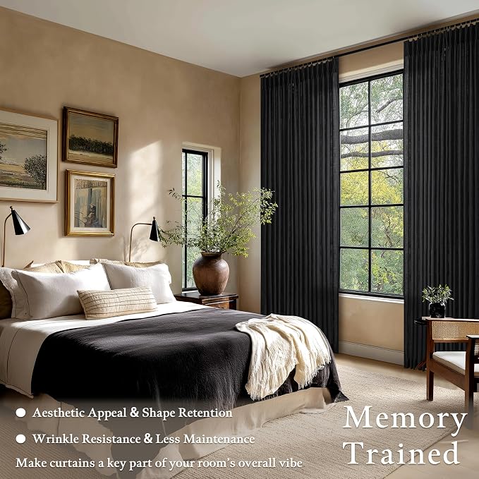 Pinch Pleat Light Filtering Sheer Black Linen Curtains 86 Inch Long 2 Panel | - Image 2
