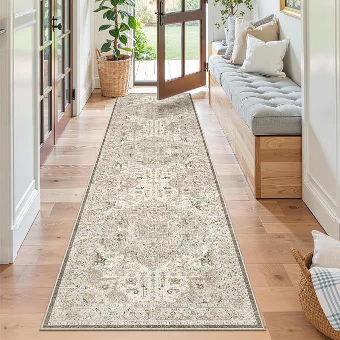 Madane Hallway Runner Rug 2x8 Washable Kitchen Rugs Non-Slip, Ivory/Brown | - Image 5