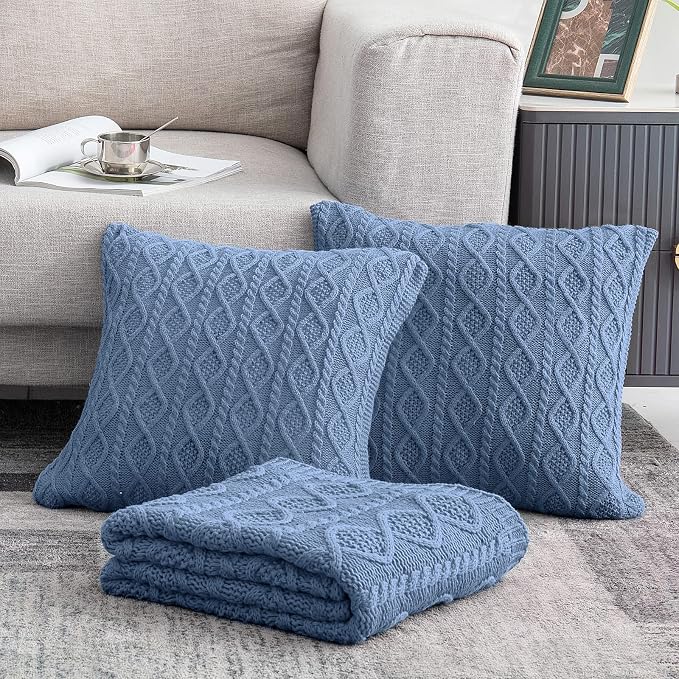 Homiest Dusty Blue Cable Knit Throw, 60 x 80 Inch, Lightweight Acrylic Knitted - Image 2