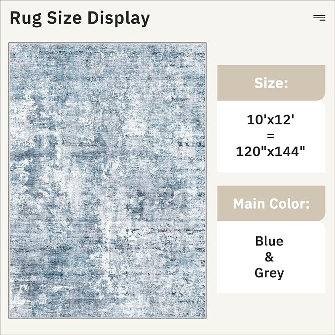 Soalmost 10x12 Area Rugs for Living Room Washable Rug Abstract Blue/Grey | - Image 5