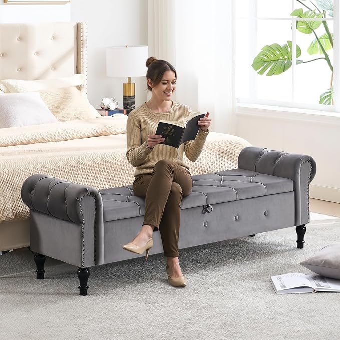 67" Storage Bench for Bedroom, Velvet End of Bed Bench, King Size Bench - Image 5