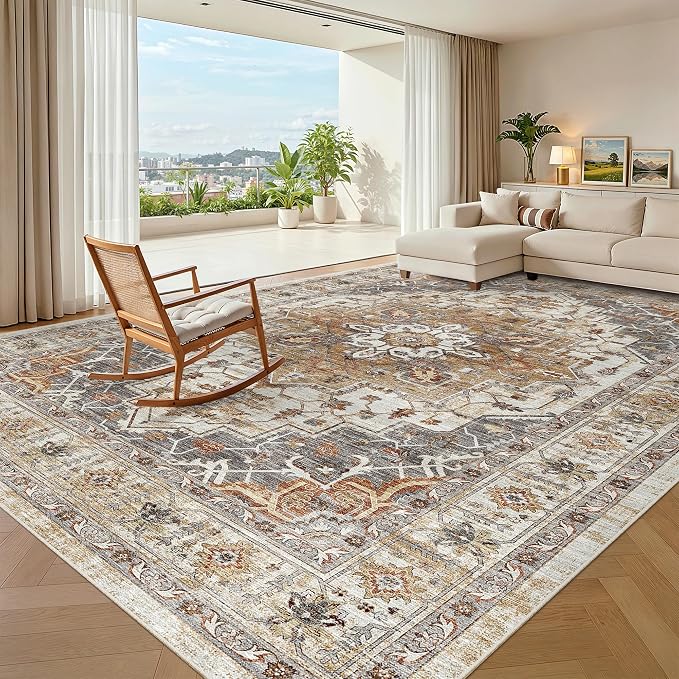 Madane 8x10 Area Rugs for Living Room, Non-Slip Washable Rug, Turmeric/Grey | by Madane