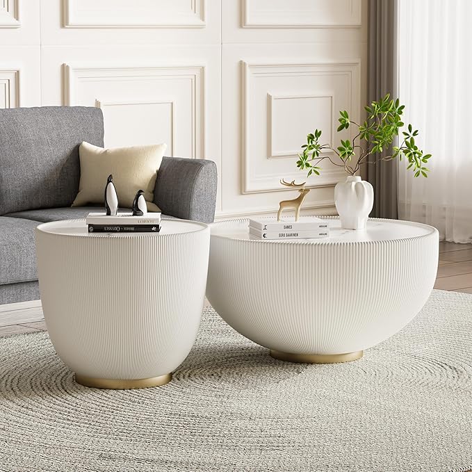 Round Marble Coffee Table Set of 2, 2 Piece White Coffee Table and End Table - Image 3