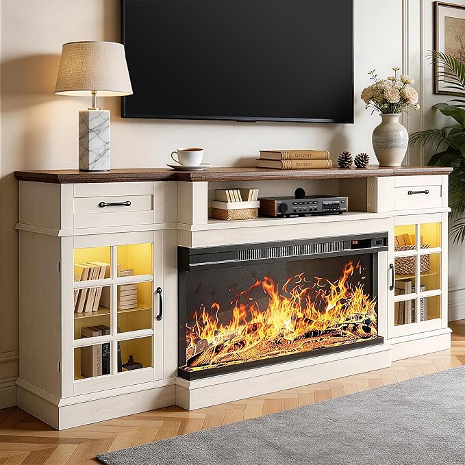 MXV 70" Fireplace TV Stand, 3-Sided Glass Fireplace and Modern Entertainment by Unknown