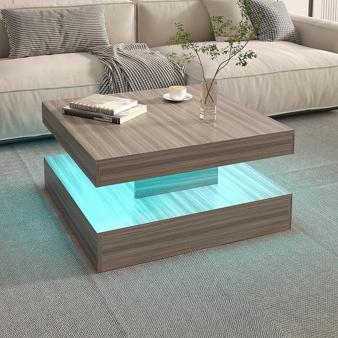 HedoAjim LED Coffee Table for Living Room, Living Room Table 2-Tier Square by HedoAjim