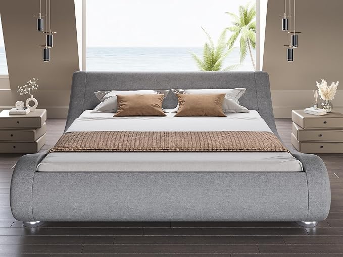 SHA CERLIN King Size Upholstered Bed Frame, Deluxe Low Profile Sleigh Bed - Image 3