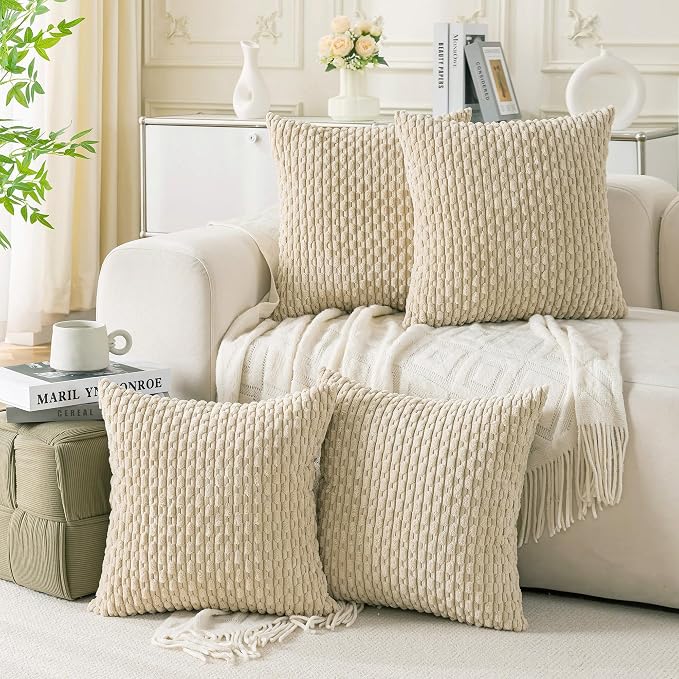 Set of 4 Beige Decorative Throw Pillow Covers 16x16 Inch Corduroy Pillow Covers by Cozoomy