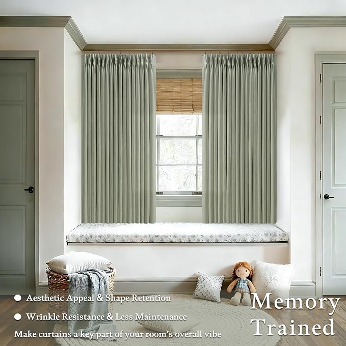 Green Linen Blend 72 Inch Light Filtering Pleat Boho Curtains 50 Inch Wide | - Image 2