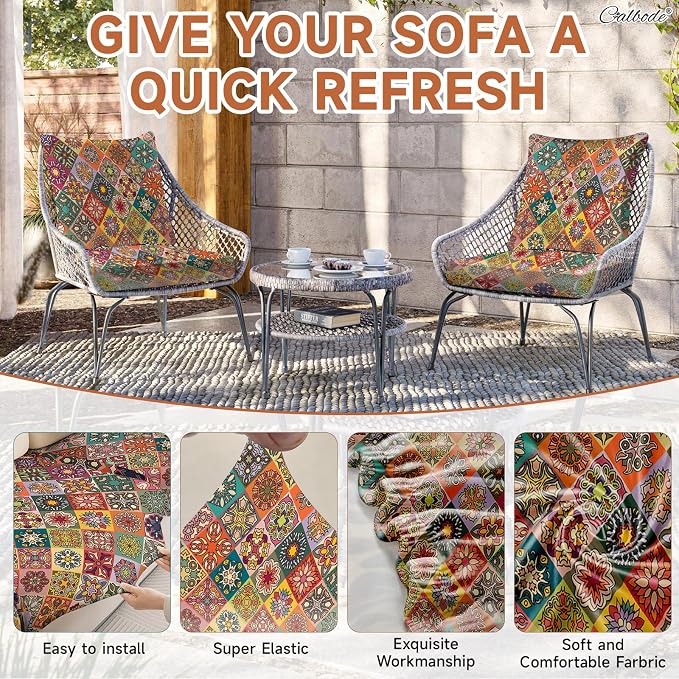 CALBODE 14Pcs Stretch Patio Cushion Cover, Bohemian Geometric Pattern | - Image 4