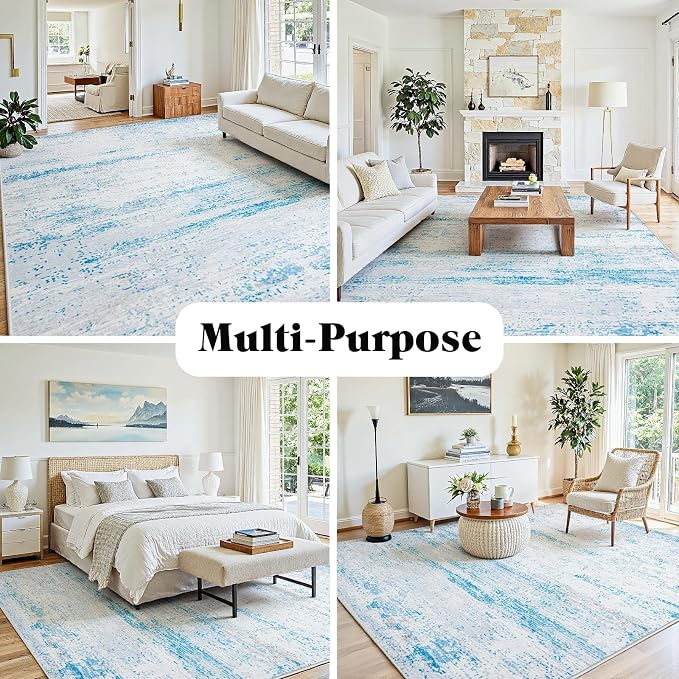 8x10 Washable Area Rug for Living Room Bedroom: Non-Slip Modern Light Blue | - Image 3