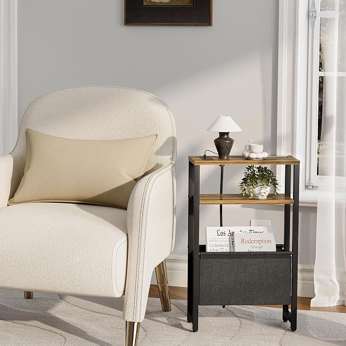 Narrow Side Table with Charging Station Slim End Table Sofa with Magazine Rack - Image 7