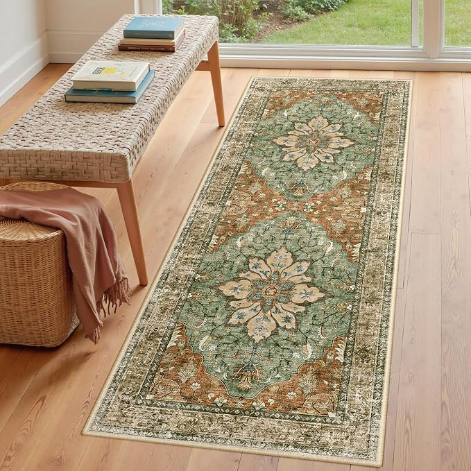 RELEANY Washable Area Rug, Runner 3'x8', Brick/Brown/Green | Non-Slip, Water - Image 3