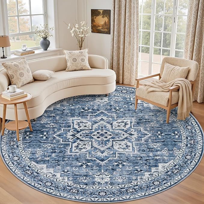Round Area Rug for Living Room: 4ft Washable Rug for Bedroom Blue | Vintage by EXPEDIX