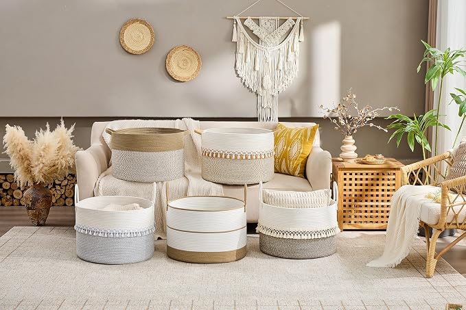 KAKAMAY Cotton Rope Storage Basket, Woven Hamper - Image 7