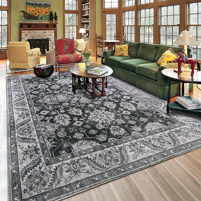 Area Rugs for Living Room, 6x9 Washable Area Rug for Bedroom, Retro Floral by Rtizon