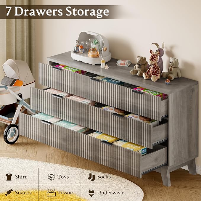 BORNOON 57" Long Dresser for Bedroom, 7-Drawer Fluted Chest, Wide Wood Storage - Image 6